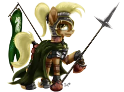 Size: 2484x1843 | Tagged: safe, artist:sintakhra, derpibooru import, mjölna, earth pony, pony, ask sandy pony, armor, armored hooves, armored pony, banner, cape, cloak, clothes, crossover, eye shimmer, female, flag, greaves, helmet, leather armor, lord of the rings, not applejack, plate armor, ponytail, rohan, rohirrim, shoes, simple background, solo, spear, transparent background, unshorn fetlocks, weapon