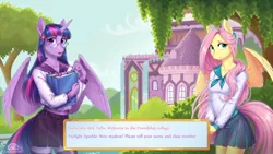 Size: 2160x1215 | Tagged: alicorn, anthro, artist:ladychimaera, clothes, derpibooru import, dialogue, duo, female, fluttershy, glasses, looking at you, mare, nail polish, pegasus, safe, school uniform, shorts, signature, smiling, spread wings, text, twilight sparkle, twilight sparkle (alicorn), visual novel, wings