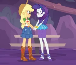 Size: 742x638 | Tagged: safe, derpibooru import, screencap, applejack, rarity, equestria girls, equestria girls series, rollercoaster of friendship, belt, blushing, boots, clothes, cowboy boots, cowboy hat, cropped, denim skirt, female, freckles, geode of shielding, geode of super strength, hat, high heels, magical geodes, shipping fuel, shoes, skirt, smiling, stetson