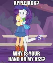 Size: 500x590 | Tagged: safe, derpibooru import, edit, edited screencap, screencap, applejack, rarity, equestria girls, equestria girls series, rollercoaster of friendship, blushing, butt touch, caption, clothes, cropped, duo, duo female, female, hand on butt, high heels, image macro, implied lesbian, implied rarijack, implied shipping, meme, raised leg, shoes, text