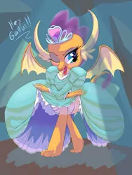 Size: 2400x3200 | Tagged: artist:hananpacha, clothes, derpibooru import, dialogue, dragon, dragoness, dress, fangs, female, gallus, implied gallus, implied smollus, lipstick, male, offscreen character, one eye closed, princess smolder, safe, shipping, smolder, smollus, solo, straight, what lies beneath, wink