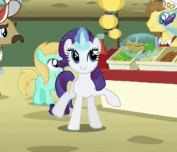 Size: 442x380 | Tagged: safe, derpibooru import, screencap, globe trotter, rarity, rosy gold, wetzel, pony, rarity takes manehattan, season 4, animated, background pony, carrot, carrot dog, cute, fast food, female, filly, foal, food, food stand, generosity, generosity song, happy, ketchup, manehattan, sauce, smiling, street food