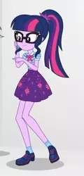 Size: 260x540 | Tagged: safe, derpibooru import, screencap, sci-twi, twilight sparkle, equestria girls, equestria girls series, rollercoaster of friendship, clothes, cropped, female, geode of telekinesis, glasses, magical geodes, mobile phone, phone, ponytail, shoes, skirt, smartphone, smiling, socks, solo