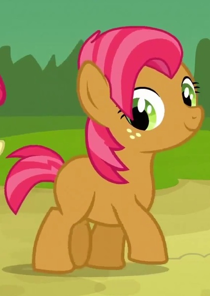 Size: 578x814 | Tagged: safe, derpibooru import, screencap, babs seed, pony, apple family reunion, season 3, cropped, female, filly, foal, freckles, happy, looking at someone, smiling, solo focus, sweet apple acres, trotting, walking