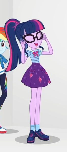 Size: 266x603 | Tagged: safe, derpibooru import, screencap, rainbow dash, sci-twi, twilight sparkle, equestria girls, equestria girls series, rollercoaster of friendship, clothes, cropped, cute, eyes closed, female, geode of telekinesis, glasses, magical geodes, ponytail, shoes, skirt, socks