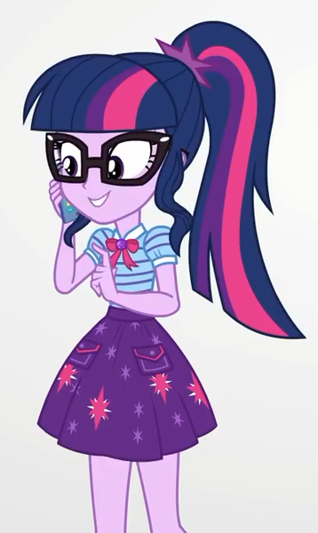 Size: 390x653 | Tagged: safe, derpibooru import, screencap, sci-twi, twilight sparkle, equestria girls, equestria girls series, rollercoaster of friendship, clothes, cropped, female, geode of telekinesis, glasses, magical geodes, mobile phone, phone, ponytail, skirt, smartphone, smiling, solo
