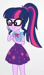 Size: 390x653 | Tagged: safe, derpibooru import, screencap, sci-twi, twilight sparkle, equestria girls, equestria girls series, rollercoaster of friendship, clothes, cropped, female, geode of telekinesis, glasses, magical geodes, mobile phone, phone, ponytail, skirt, smartphone, smiling, solo