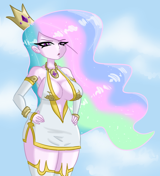 Size: 1073x1180 | Tagged: absolute cleavage, armpits, artist:iyoungsavage, big breasts, breasts, busty princess celestia, cleavage, clothes, crown, derpibooru import, dress, female, gloves, human, humanized, jewelry, long gloves, long hair, looking at you, open mouth, princess celestia, regalia, simple background, solo, solo female, suggestive