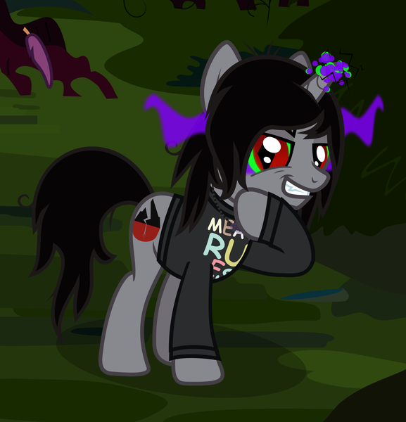 Size: 1361x1415 | Tagged: safe, artist:lightningbolt, derpibooru import, ponified, ponified:kellin quinn, pony, unicorn, the mean 6, .svg available, clone, clothes, dark magic, disguise, disguised siren, drop dead clothing, evil, fangs, feather, glow, green sclera, grin, jewelry, long sleeves, looking at you, magic, male, messy hair, necklace, prone, raised hoof, red eyes, shirt, sleeping with sirens, slit eyes, smiling, solo, sombra eyes, stallion, standing, svg, vector