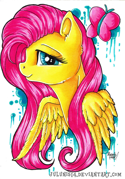 Size: 1024x1460 | Tagged: safe, artist:julunis14, derpibooru import, fluttershy, butterfly, pegasus, pony, bust, cute, female, looking at you, mare, portrait, profile, shyabetes, smiling, solo, traditional art, wings