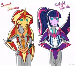 Size: 960x836 | Tagged: safe, artist:elioo, derpibooru import, sci-twi, sunset shimmer, twilight sparkle, robot, equestria girls, crossover, cybertronian, simple background, species swap, transformers, transformers robots in disguise (2015), twibot, white background