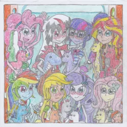 Size: 1642x1651 | Tagged: safe, artist:nephilim rider, derpibooru import, applejack, fluttershy, pinkie pie, rainbow dash, rarity, sci-twi, sunset shimmer, twilight sparkle, oc, oc:heaven lost, equestria girls, equestria girls series, rollercoaster of friendship, female, lesbian, rarijack, shipping