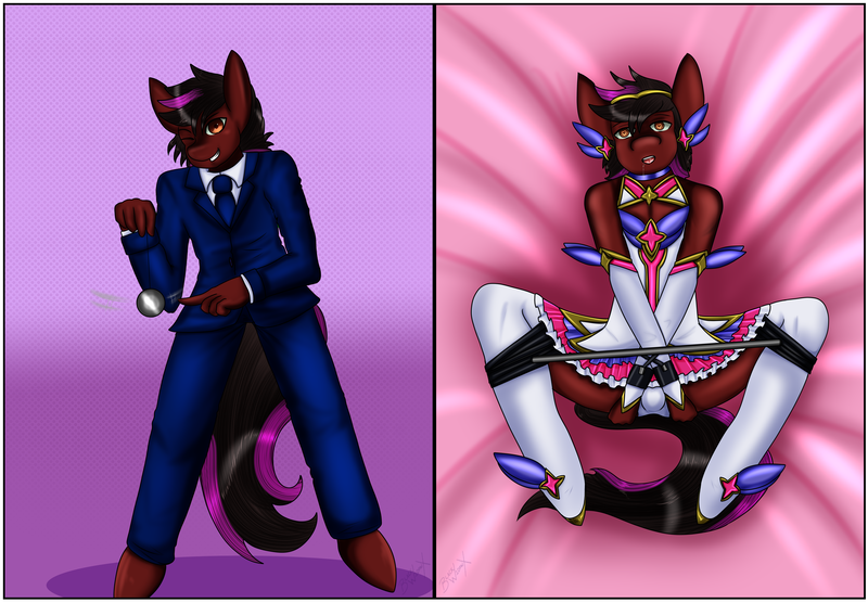 Size: 4497x3125 | Tagged: suggestive, artist:blackwidowx, derpibooru import, oc, oc:high roller, anthro, earth pony, unguligrade anthro, abstract background, business suit, clothes, crossdressing, femboy, heart eyes, hypnosis, hypnotized, magical girl, male, maledom, malesub, necktie, on back, one eye closed, pendulum, pendulum swing, submissive, switch (bdsm), trap, wingding eyes, wink