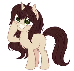 Size: 600x573 | Tagged: safe, artist:sinamuna, derpibooru import, oc, oc:cinnamon fawn, unofficial characters only, pony, unicorn, blushing, brown hair, chest fluff, cute, fluffy, full body, green eyes, hazel eyes, horn, long hair, ponysona, redesign, reference, simple background, smiling, solo, transparent background, updated design