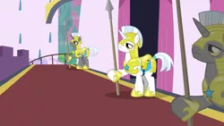 Size: 1280x720 | Tagged: safe, derpibooru import, screencap, pony, unicorn, a canterlot wedding, armor, canterlot castle, helmet, hoof shoes, male, recolor, royal guard, royal guard armor, saddle, spear, stallion, tack, unicorn royal guard, weapon, white mane