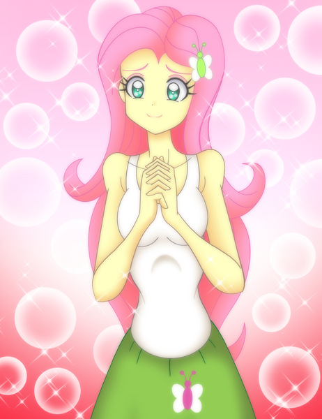 Size: 2076x2694 | Tagged: safe, artist:grandzebulon, derpibooru import, fluttershy, equestria girls, fluttershy leans in, anatomically incorrect, anime, bad anatomy, clothes, equestria girls interpretation, female, hands together, scene interpretation, skirt, smiling, solo, tanktop