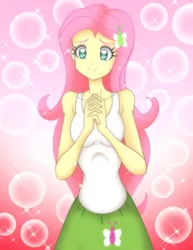 Size: 2076x2694 | Tagged: safe, artist:grandzebulon, derpibooru import, fluttershy, equestria girls, fluttershy leans in, anatomically incorrect, anime, bad anatomy, clothes, equestria girls interpretation, female, hands together, scene interpretation, skirt, smiling, solo, tanktop