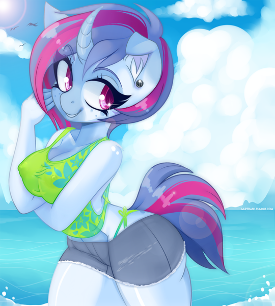 Size: 1125x1250 | Tagged: questionable, alternate version, artist:zombie, derpibooru import, oc, oc:aqua jewel, unofficial characters only, anthro, unicorn, anthro oc, areola, ass, beach, big breasts, breasts, butt, cleavage, clothes, commission, curved horn, erect nipples, female, horn, looking at you, mare, nipple outline, perky breasts, see-through, solo, solo female, water, ych result