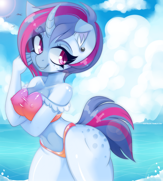 Size: 1125x1250 | Tagged: questionable, alternate version, artist:zombie, derpibooru import, oc, oc:aqua jewel, unofficial characters only, anthro, unicorn, anthro oc, ass, beach, big breasts, bikini, breasts, butt, cleavage, clothes, commission, erect nipples, female, looking at you, mare, nipple outline, nipples, nudity, perky breasts, see-through, solo, solo female, swimsuit, water, ych result