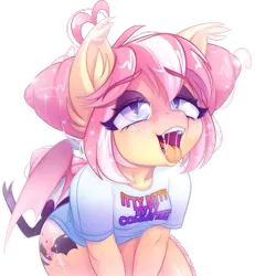 Size: 1600x1729 | Tagged: suggestive, alternate version, artist:zombie, derpibooru import, oc, oc:sunset sorbet, unofficial characters only, anthro, bat pony, ahegao, ahoge, anthro oc, bat pony oc, bat wings, blushing, breasts, clothes, drool, drool string, female, looking up, mare, open mouth, shirt, simple background, slit eyes, small breasts, solo, solo female, solo focus, sparkles, tongue out, transparent background, wings