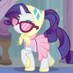 Size: 240x240 | Tagged: safe, derpibooru import, screencap, rarity, starlight glimmer, pony, unicorn, the end in friend, animated, camping outfit, clothes, cropped, cute, dress, eyes closed, headscarf, loop, ponytail, raribetes, scarf, shoes, solo focus, sunglasses, trotting, walking