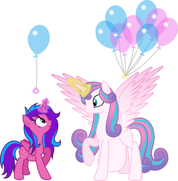 Size: 2543x2586 | Tagged: adult, alicorn, alicorn oc, artist:livehotsun, balloon, cousins, derpibooru import, duo, duo female, female, horn, magic, magic aura, multiple pregnancy, oc, oc:melody aurora, offspring, older, older flurry heart, parent:flash sentry, parents:flashlight, parent:twilight sparkle, pregnant, princess flurry heart, safe, simple background, transparent background, wings