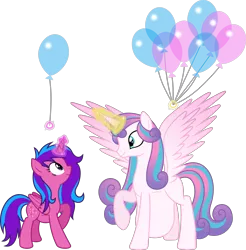 Size: 2543x2586 | Tagged: adult, alicorn, alicorn oc, artist:livehotsun, balloon, cousins, derpibooru import, duo, duo female, female, horn, magic, magic aura, multiple pregnancy, oc, oc:melody aurora, offspring, older, older flurry heart, parent:flash sentry, parents:flashlight, parent:twilight sparkle, pregnant, princess flurry heart, safe, simple background, transparent background, wings