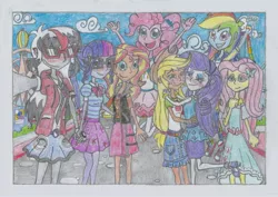 Size: 2467x1742 | Tagged: safe, artist:nephilim rider, derpibooru import, applejack, fluttershy, pinkie pie, rainbow dash, rarity, sci-twi, sunset shimmer, twilight sparkle, oc, oc:heaven lost, equestria girls, equestria girls series, rollercoaster of friendship, female, lesbian, rarijack, shipping, traditional art