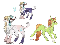 Size: 3789x2824 | Tagged: safe, artist:pndrws, derpibooru import, oc, oc:ice breaker, oc:wildflower, unofficial characters only, earth pony, hybrid, pony, my little pony: the movie, armor, bandage, blank flank, chest fluff, cousins, crack ship offspring, dreadlocks, duo, fangs, female, handkerchief, horns, interspecies offspring, magical gay spawn, magical lesbian spawn, male, mare, offspring, parent:applejack, parent:big macintosh, parent:storm king, parent:tree hugger, parents:applehugger, scar, simple background, transparent background, unshorn fetlocks