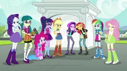 Size: 1920x1080 | Tagged: safe, derpibooru import, screencap, applejack, fluttershy, juniper montage, pinkie pie, rainbow dash, rarity, sci-twi, starlight glimmer, sunset shimmer, twilight sparkle, equestria girls, mirror magic, spoiler:eqg specials, beanie, boots, canterlot high, clothes, cute, eyes closed, female, geode of empathy, geode of fauna, geode of shielding, geode of sugar bombs, geode of super speed, geode of super strength, geode of telekinesis, glasses, glimmerbetes, hand on hip, hat, hug, humane eight, humane five, humane seven, humane six, magical geodes, open mouth, ponytail, raised leg, ripped pants, shimmerbetes, shoes, skirt, socks, statue, striped socks
