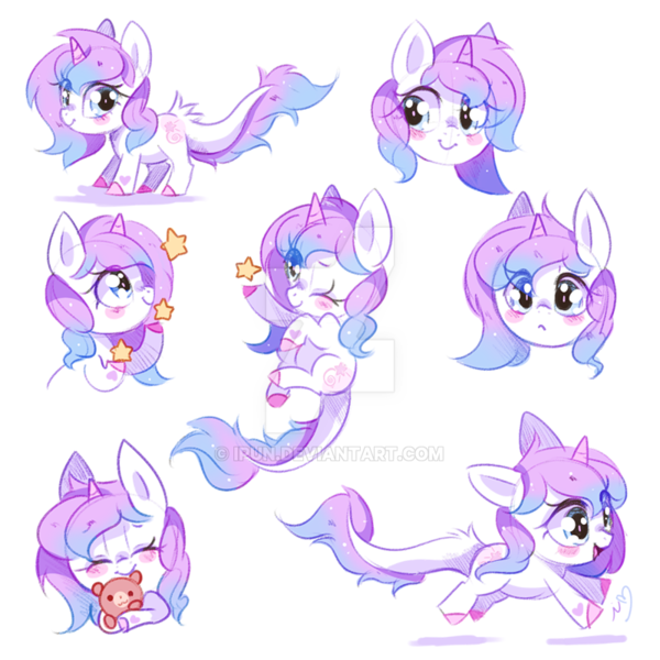 Size: 800x800 | Tagged: safe, artist:ipun, derpibooru import, oc, oc:sugarstar nova, unofficial characters only, pony, unicorn, blushing, chibi, deviantart watermark, eyes closed, female, mare, obtrusive watermark, one eye closed, simple background, solo, stars, teddy bear, watermark, white background, wink