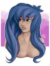 Size: 2000x2600 | Tagged: abstract background, artist:ponut_joe, bare shoulder portrait, bare shoulders, beauty mark, bust, derpibooru import, eyeshadow, female, human, humanized, implied nudity, makeup, portrait, princess luna, solo, solo female, suggestive