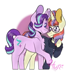 Size: 2048x2048 | Tagged: safe, artist:iistrawberry-shibaii, derpibooru import, moondancer, starlight glimmer, pony, unicorn, chest fluff, crack shipping, female, glimmerdancer, lesbian, looking at each other, shipping, simple background, transparent background