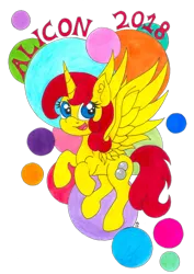 Size: 752x1063 | Tagged: safe, artist:dawn-designs-art, derpibooru import, oc, oc:spheres, unofficial characters only, alicorn, pony, alicon, alicorn oc, convention, convention:alicon, female, horn, mare, mascot, simple background, solo, transparent background, wings