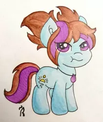 Size: 2724x3227 | Tagged: safe, artist:dawn-designs-art, derpibooru import, oc, oc:dawn, unofficial characters only, earth pony, pony, blue coat, brown mane, female, filly, purple eyes, solo, traditional art