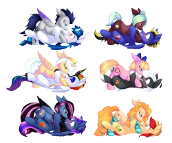 Size: 2993x2500 | Tagged: safe, artist:scarlet-spectrum, derpibooru import, bright mac, pear butter, oc, oc:alpha jet, oc:cloak, oc:cocoa mint, oc:lost, unnamed oc, bat pony, kirin, bow, clothes, commission, female, flower, gay, male, oc x oc, shipping, simple background, socks, straight, striped socks, transparent background, ych result