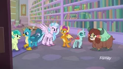 Size: 1920x1080 | Tagged: safe, derpibooru import, screencap, gallus, ocellus, sandbar, silverstream, smolder, yona, changedling, changeling, classical hippogriff, dragon, earth pony, gryphon, hippogriff, pony, yak, what lies beneath, best friends, bow, cloven hooves, colored hooves, discovery family logo, dragoness, female, hair bow, jewelry, male, monkey swings, necklace, paws, raised eyebrow, student six, teenager, wings