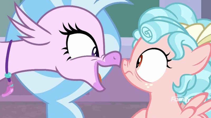 Size: 1920x1080 | Tagged: safe, derpibooru import, screencap, cozy glow, silverstream, hippogriff, pegasus, pony, what lies beneath, boop, duo, female, filly, i need an adult, jewelry, necklace, noseboop, slasher smile