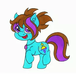 Size: 3899x3819 | Tagged: safe, artist:dawn-designs-art, derpibooru import, oc, oc:dawn, unofficial characters only, earth pony, pony, blue coat, brown mane, female, filly, jewelry, necklace, purple eyes, solo, traditional art
