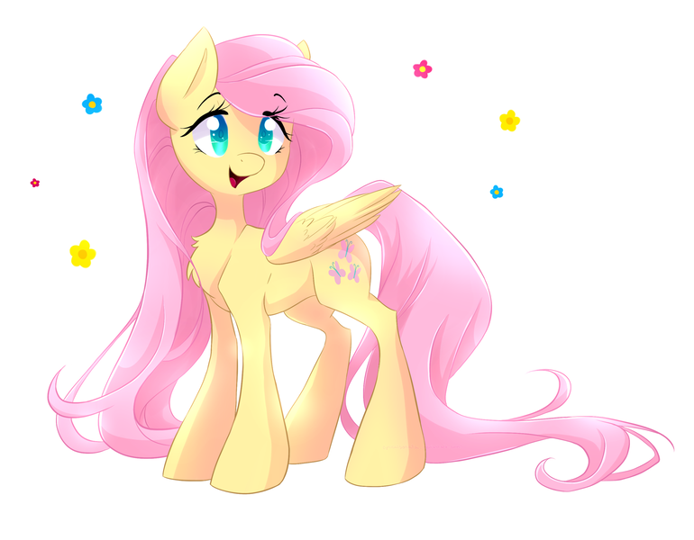 Size: 2885x2248 | Tagged: safe, artist:cynicalsonata, derpibooru import, fluttershy, pegasus, pony, chest fluff, cute, female, folded wings, happy, head turn, high res, mare, open mouth, shyabetes, simple background, smiling, solo, standing, white background, wings