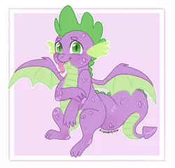 Size: 1150x1100 | Tagged: safe, artist:fioweress, derpibooru import, spike, dragon, molt down, baby, baby dragon, cute, green eyes, male, scales, signature, solo, spikabetes, spread wings, tongue out, winged spike, wings