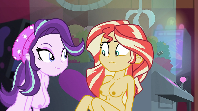 Size: 1920x1080 | Tagged: questionable, derpibooru import, edit, edited edit, edited screencap, editor:slayerbvc, screencap, starlight glimmer, sunset shimmer, equestria girls, mirror magic, spoiler:eqg specials, beanie, big breasts, breast edit, breasts, busty starlight glimmer, busty sunset shimmer, hat, nipples, nude edit, nudity, practitioner of naturism, raised eyebrow