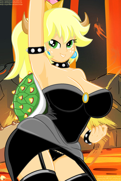 Size: 1380x2048 | Tagged: questionable, alternate version, artist:aboimages03, derpibooru import, applejack, equestria girls, armpits, black underwear, bowser, bowsette, breasts, busty applejack, cameltoe, cleavage, clothes, cosplay, costume, crossover, female, nintendo, panties, sexy, solo, solo female, stupid sexy applejack, super crown, super mario bros., toadette, underwear