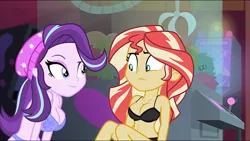 Size: 1920x1080 | Tagged: suggestive, derpibooru import, edit, edited edit, edited screencap, editor:slayerbvc, screencap, starlight glimmer, sunset shimmer, equestria girls, mirror magic, spoiler:eqg specials, beanie, big breasts, black underwear, bra, breast edit, breasts, busty starlight glimmer, busty sunset shimmer, claw machine, cleavage, clothes, e-cup bra, hat, image, lingerie, lingerie edit, panties, png, purple underwear, raised eyebrow, underwear, underwear edit