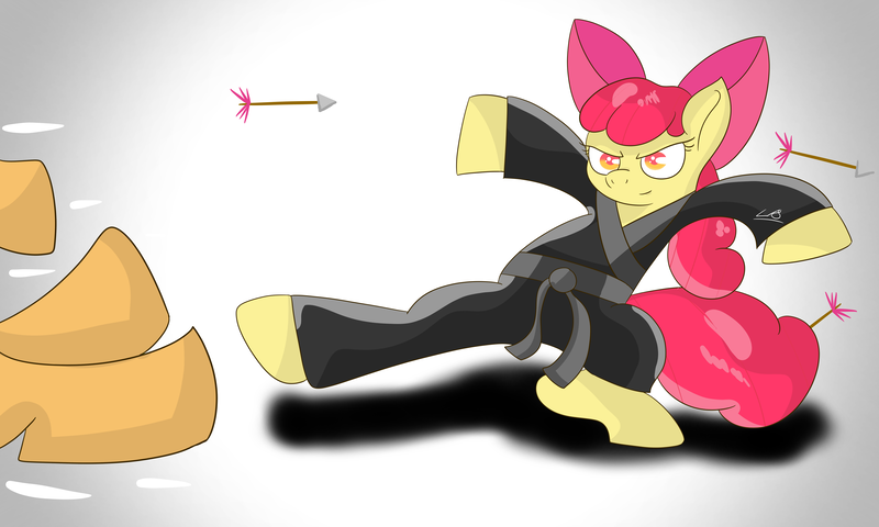 Size: 5000x3000 | Tagged: safe, artist:legiot18, derpibooru import, apple bloom, applejack, pony, arrow, black belt, black robe, black trousers, bow, clothes, fanart, gi, karate, karatebloom, ninja, robe, solo, trousers