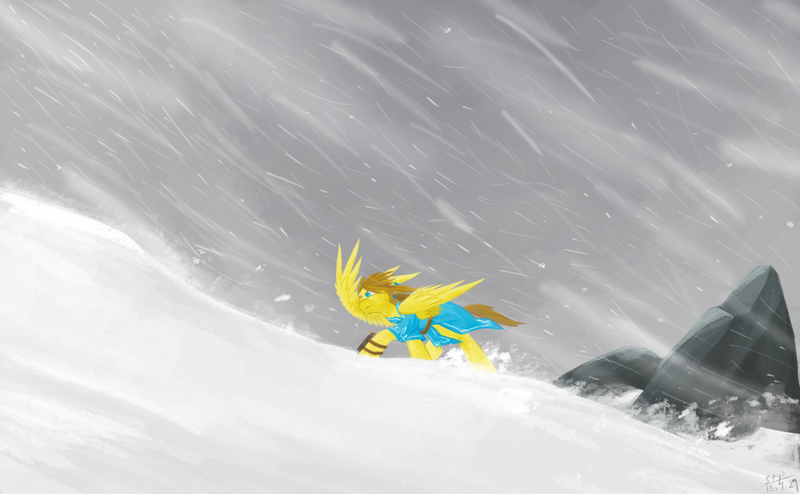 Size: 1500x927 | Tagged: safe, artist:sunnytp, derpibooru import, ponified, pegasus, pony, blizzard, link, ponies of the wild, snow, snowfall, solo, the legend of zelda, the legend of zelda: breath of the wild