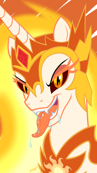 Size: 2160x3840 | Tagged: suggestive, artist:devanstar, derpibooru import, daybreaker, alicorn, pony, armor, bust, drool, female, mare, open mouth, solo, tongue out