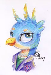Size: 786x1152 | Tagged: safe, artist:lailyren, artist:moonlight-ki, derpibooru import, gallus, gryphon, bust, clothes, male, solo, traditional art