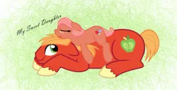 Size: 1253x637 | Tagged: safe, artist:millerrachel, derpibooru import, big macintosh, oc, oc:sweet apple, earth pony, pony, abstract background, base used, duo, father and child, father and daughter, female, filly, freckles, lying down, male, missing, offspring, parent:big macintosh, parent:fluttershy, parents:fluttermac, prone, sleeping, stallion, unshorn fetlocks