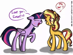 Size: 1024x768 | Tagged: safe, artist:winter-scarf, derpibooru import, sunset shimmer, twilight sparkle, twilight sparkle (alicorn), alicorn, pony, unicorn, cute, eyes closed, female, horn, horns are touching, lesbian, mare, narcissism, one eye closed, raised hoof, redraw, shimmerbetes, shipping, sunsetsparkle, twiabetes, wink
